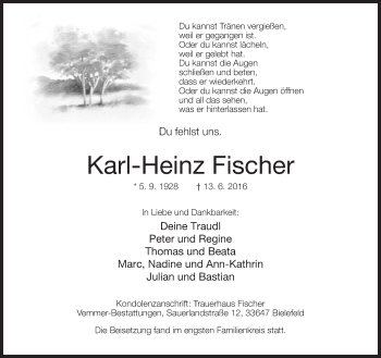 Traueranzeige von Karl-Heinz Fischer von Neue Westfälische