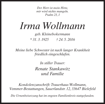 Traueranzeige von Irma Wollmann von Neue Westfälische