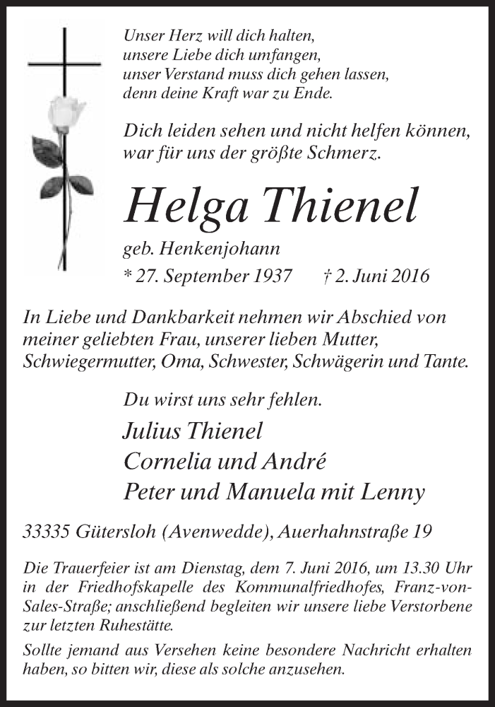  Traueranzeige für Helga Thienel vom 04.06.2016 aus Neue Westfälische
