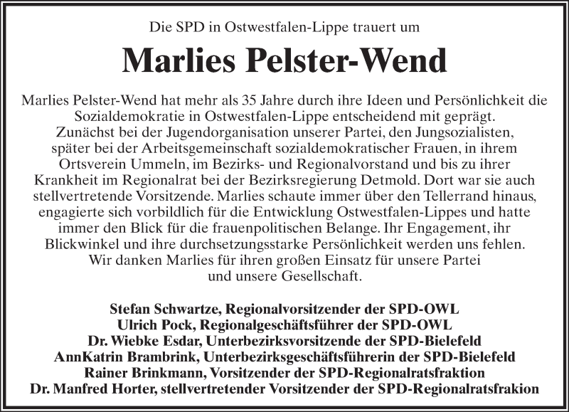  Traueranzeige für Marlies Pelster-Wend vom 07.06.2016 aus Neue Westfälische