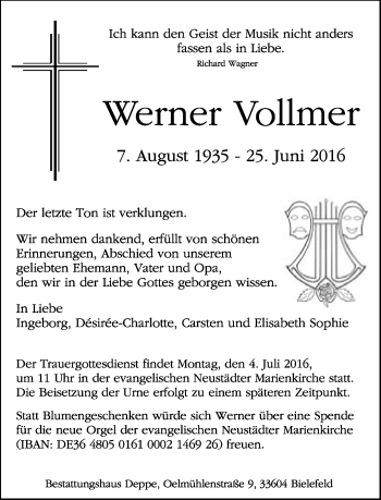 Traueranzeige von Werner Vollmer von Neue Westfälische