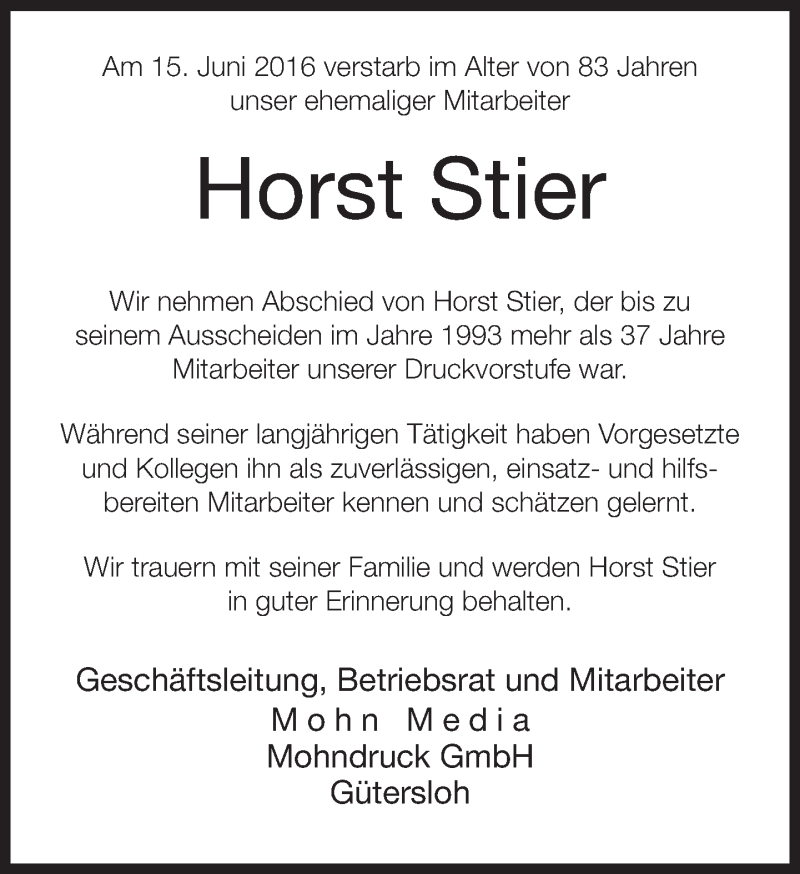  Traueranzeige für Horst Stier vom 28.06.2016 aus Neue Westfälische