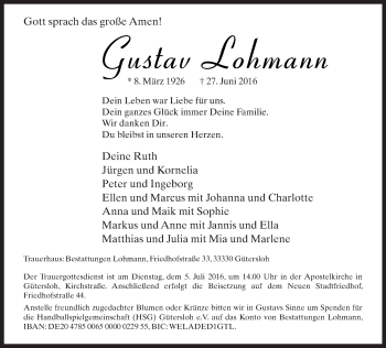 Traueranzeige von Gustav Lohmann von Neue Westfälische