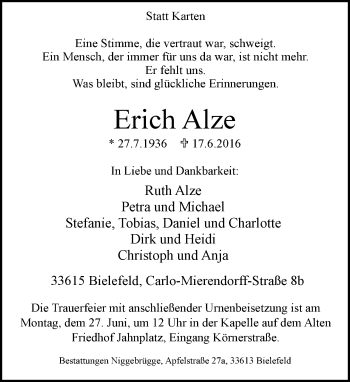 Traueranzeige von Erich Alze von Neue Westfälische