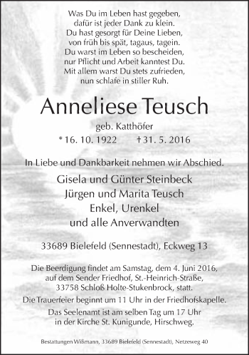 Traueranzeige von Anneliese Teusch von Neue Westfälische