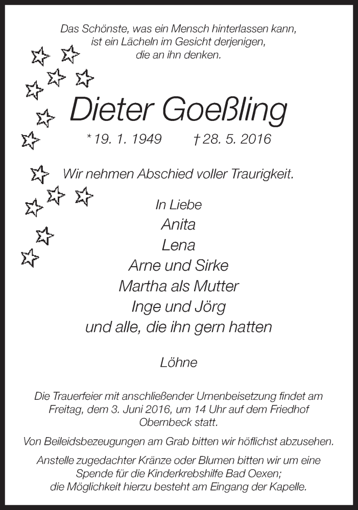  Traueranzeige für Dieter Goeßling vom 01.06.2016 aus Neue Westfälische