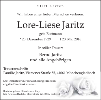 Traueranzeige von Lore-Liese Jaritz von Neue Westfälische