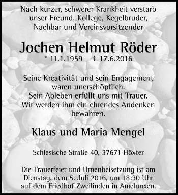Traueranzeige von Jochen Helmut Röder von Neue Westfälische