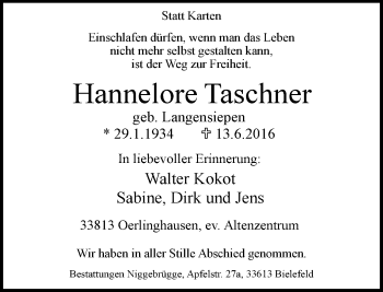 Traueranzeige von Hannelore Taschner von Neue Westfälische