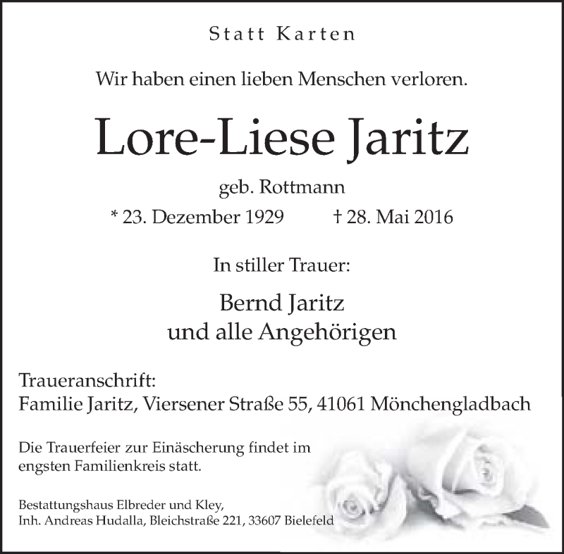  Traueranzeige für Lore-Liese Jaritz vom 01.06.2016 aus Neue Westfälische