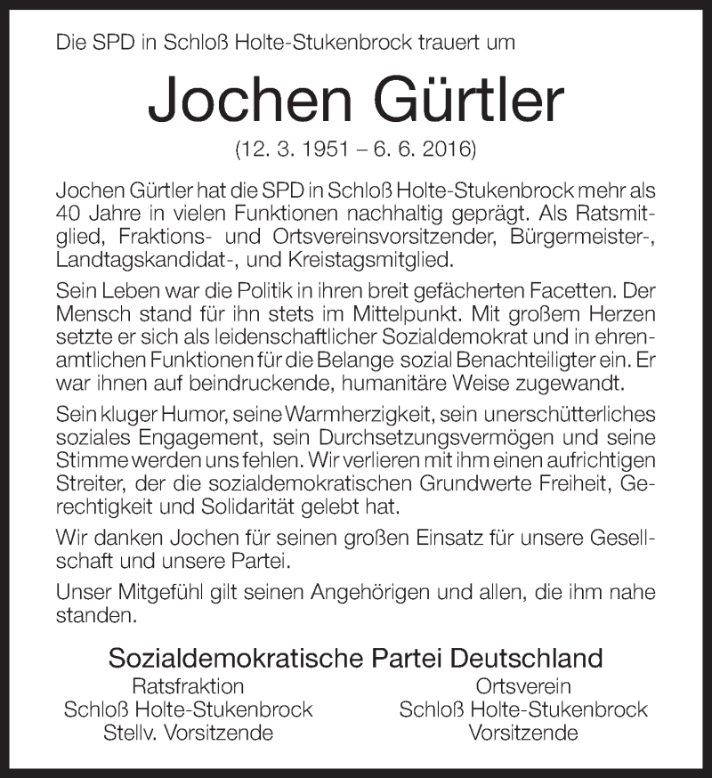  Traueranzeige für Jochen Gürtler vom 13.06.2016 aus Neue Westfälische
