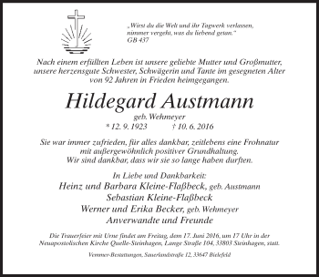 Traueranzeige von Hildegard Austmann von Neue Westfälische