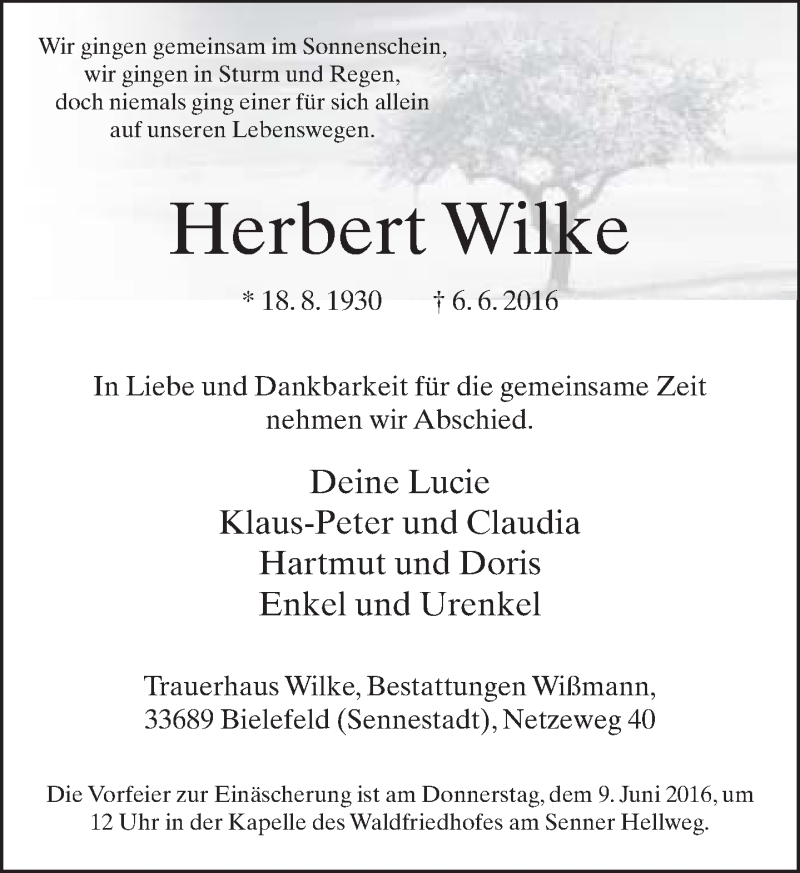  Traueranzeige für Herbert Wilke vom 08.06.2016 aus Neue Westfälische
