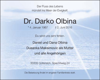 Traueranzeige von Darko Olbina von Neue Westfälische