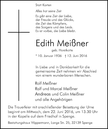 Traueranzeige von Edith Meißner von Neue Westfälische