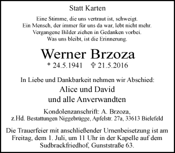 Traueranzeige von Werner Brzoza von Neue Westfälische