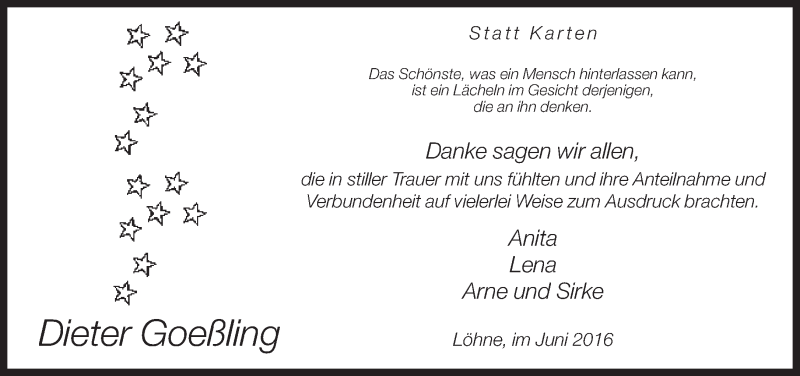  Traueranzeige für Dieter Goeßling vom 25.06.2016 aus Neue Westfälische