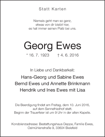 Traueranzeige von Georg Ewes von Neue Westfälische