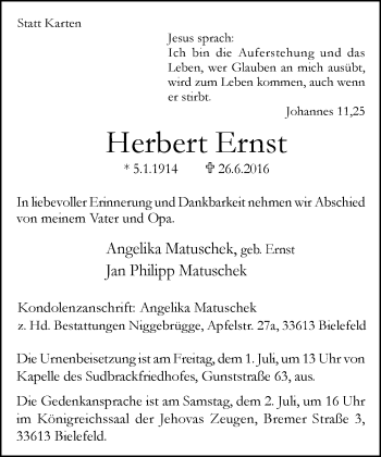 Traueranzeige von Herbert Ernst von Neue Westfälische