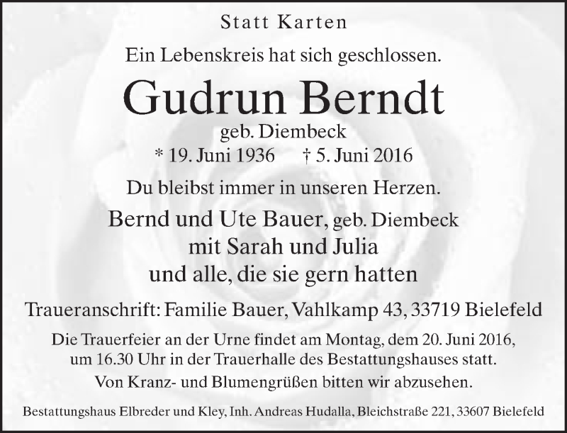  Traueranzeige für Gudrun Berndt vom 11.06.2016 aus Neue Westfälische