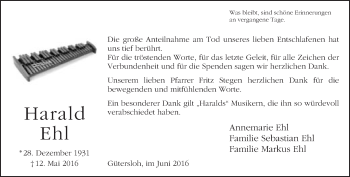 Traueranzeige von Harald Ehl von Neue Westfälische