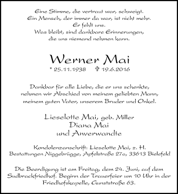 Traueranzeige von Werner Mai von Neue Westfälische