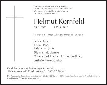 Traueranzeige von Helmut Kornfeld von Neue Westfälische