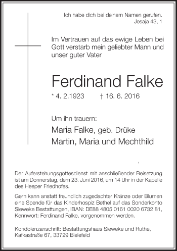 Traueranzeige von Ferdinand Falke