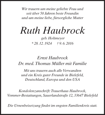 Traueranzeige von Ruth Haubrock von Neue Westfälische