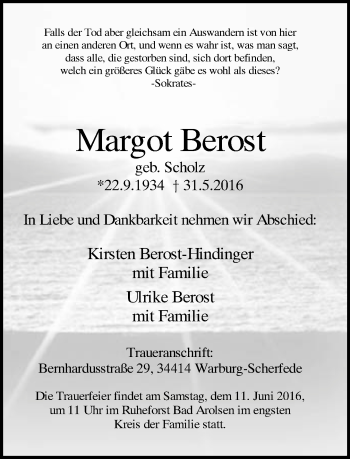 Traueranzeige von Margot Berost von Neue Westfälische