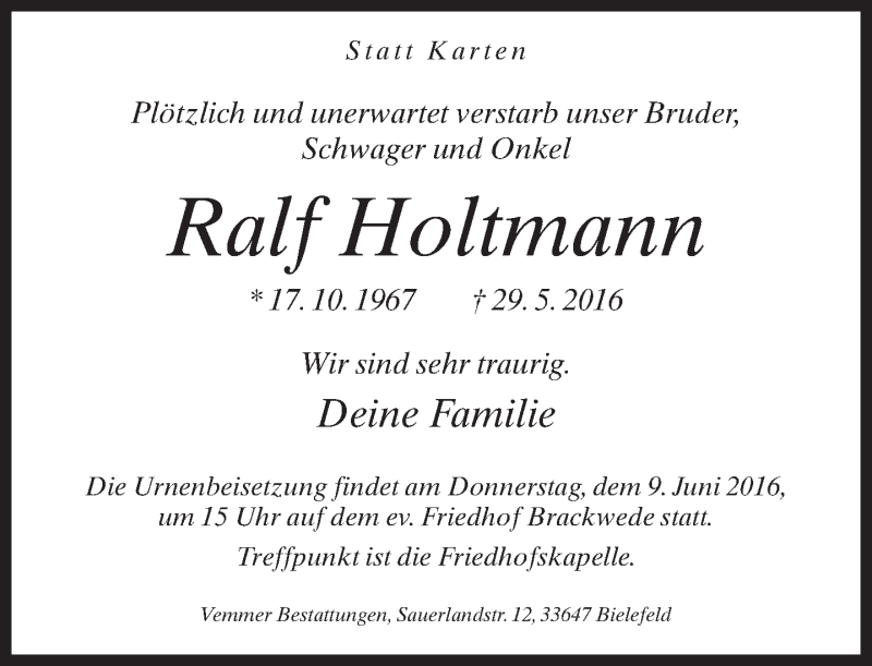  Traueranzeige für Ralf Holtmann vom 04.06.2016 aus Neue Westfälische