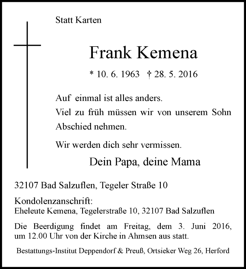  Traueranzeige für Frank Kemena vom 01.06.2016 aus Neue Westfälische