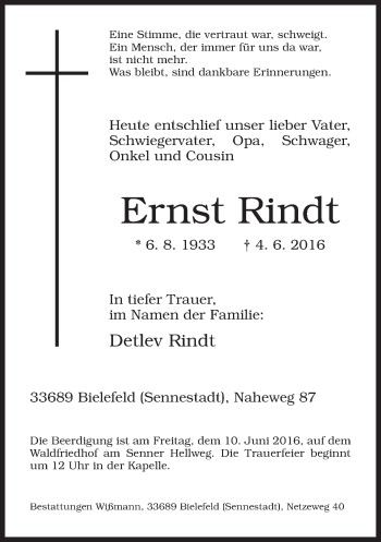 Traueranzeige von Ernst Rindt von Neue Westfälische