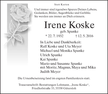 Traueranzeige von Irene Koske von Neue Westfälische