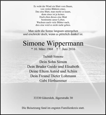 Traueranzeige von Simone Wippermann von Neue Westfälische