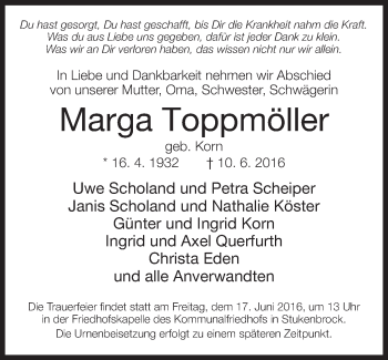 Traueranzeige von Marga Toppmöller von Neue Westfälische