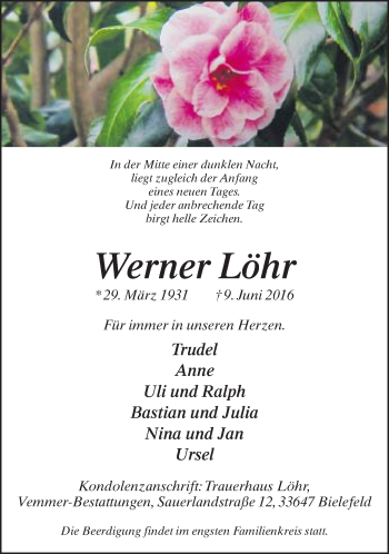 Traueranzeige von Werner Löhr von Neue Westfälische