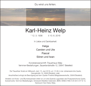 Traueranzeige von Karl-Heinz Welp von Neue Westfälische
