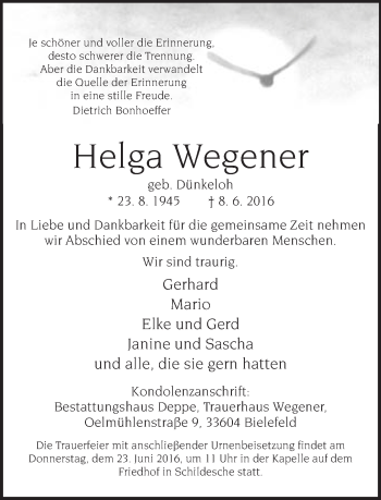 Traueranzeige von Helga Wegener von Neue Westfälische