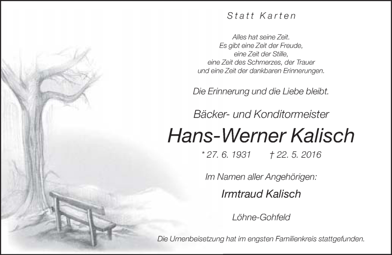  Traueranzeige für Hans- Werner Kalisch vom 04.06.2016 aus Neue Westfälische