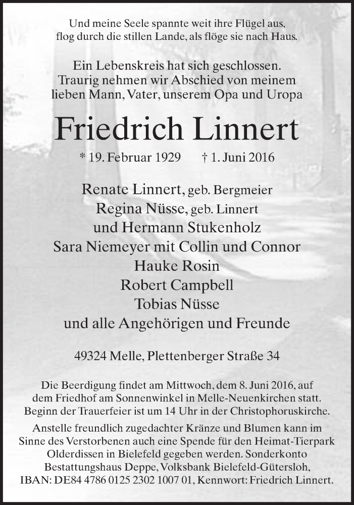 Traueranzeige für Friedrich Linnert vom 04.06.2016 aus Neue Westfälische