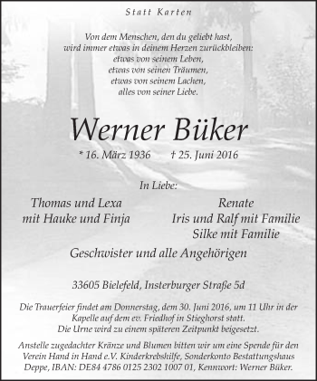 Traueranzeige von Werner Büker von Neue Westfälische