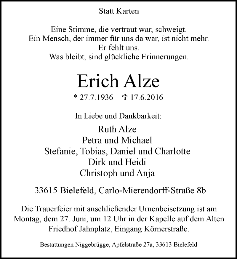  Traueranzeige für Erich Alze vom 23.06.2016 aus Neue Westfälische