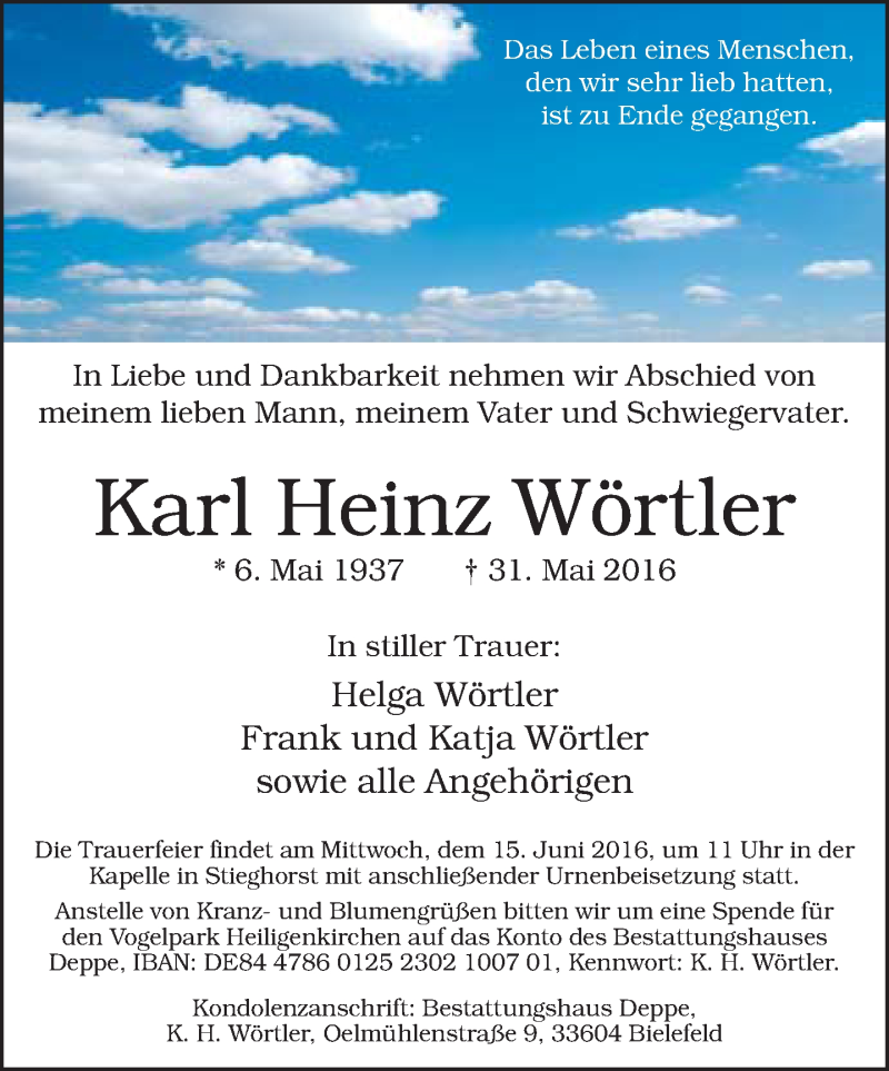  Traueranzeige für Karl Heinz Wörtler vom 08.06.2016 aus Neue Westfälische