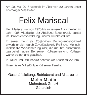 Traueranzeige von Felix Mariscal von Neue Westfälische