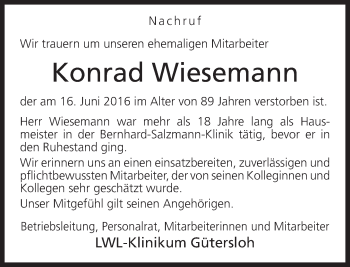 Traueranzeige von Konrad Wiesemann von Neue Westfälische