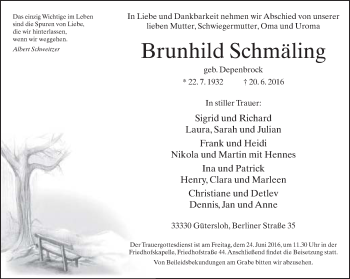 Traueranzeige von Brunhild Schmäling von Neue Westfälische