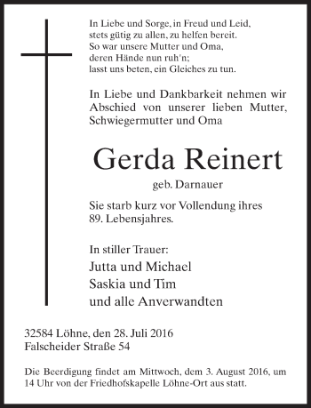 Traueranzeige von Gerda Reinert von Neue Westfälische