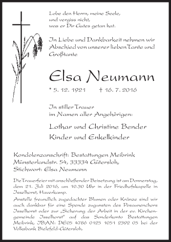 Traueranzeige von Elsa Neumann von Neue Westfälische