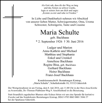 Traueranzeige von Maria Schulte von Neue Westfälische